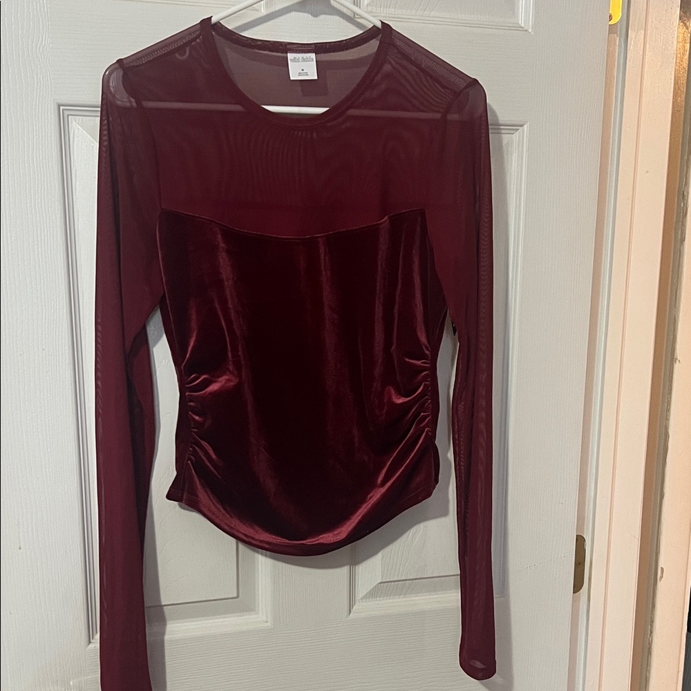 SHEIN Wild Fable Deep Red Velvet Long Sleeve Top w/ Sheer Top